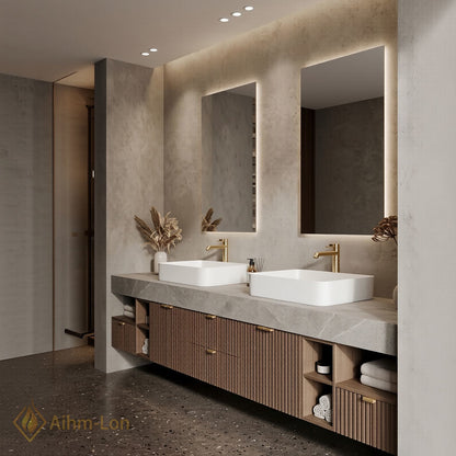 78''-96'' Double Bathroom Vanity with Sink Grey-Marble Grey Floating Modern Slatted Wood