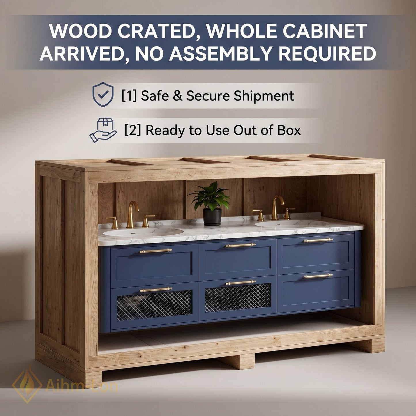 60''-96'' Floating Bathroom Vanity with Sink Deep Blue Marble Patterned Mesh Door Cabinet