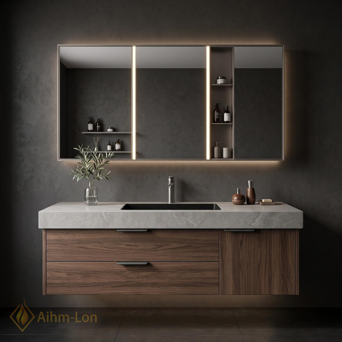 36''-110'' Modern Floating Bathroom Vanity with Sink Sintered Stone Top Hidden Drawers