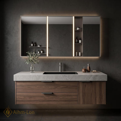36''-110'' Modern Floating Bathroom Vanity with Sink Sintered Stone Top Hidden Drawers