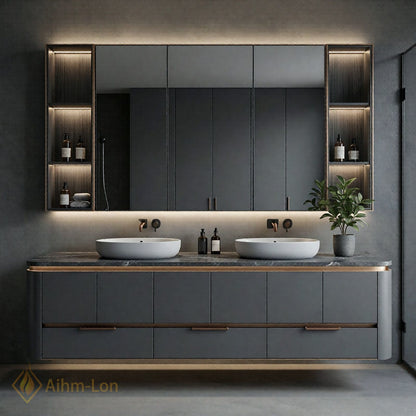 60''-96'' Sleek Bathroom Vanity with Sink Double Sink Dark Grey Glowing Mirrors
