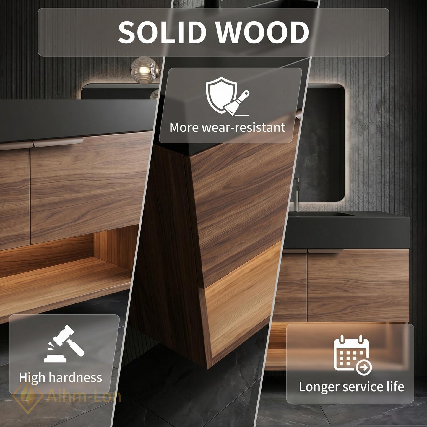 60''-96'' Double Bathroom Vanity with Sink Dark-Wood Modern Floating Slatted-Panels