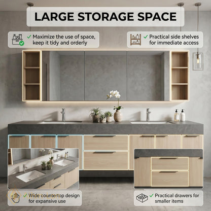 76''-96'' Double Bathroom Vanity with Sink Floating Double Concrete Open Shelving Minimalist