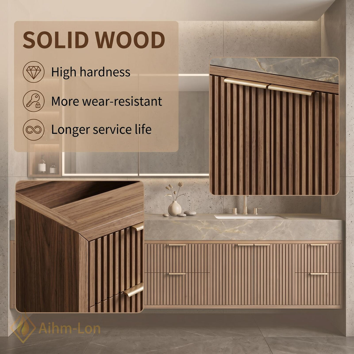 60''-96'' Bathroom Vanity with Sink Modern Floating Grey Stone Top Ribbed Slats