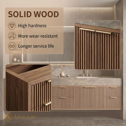 60''-96'' Bathroom Vanity with Sink Modern Floating Grey Stone Top Ribbed Slats