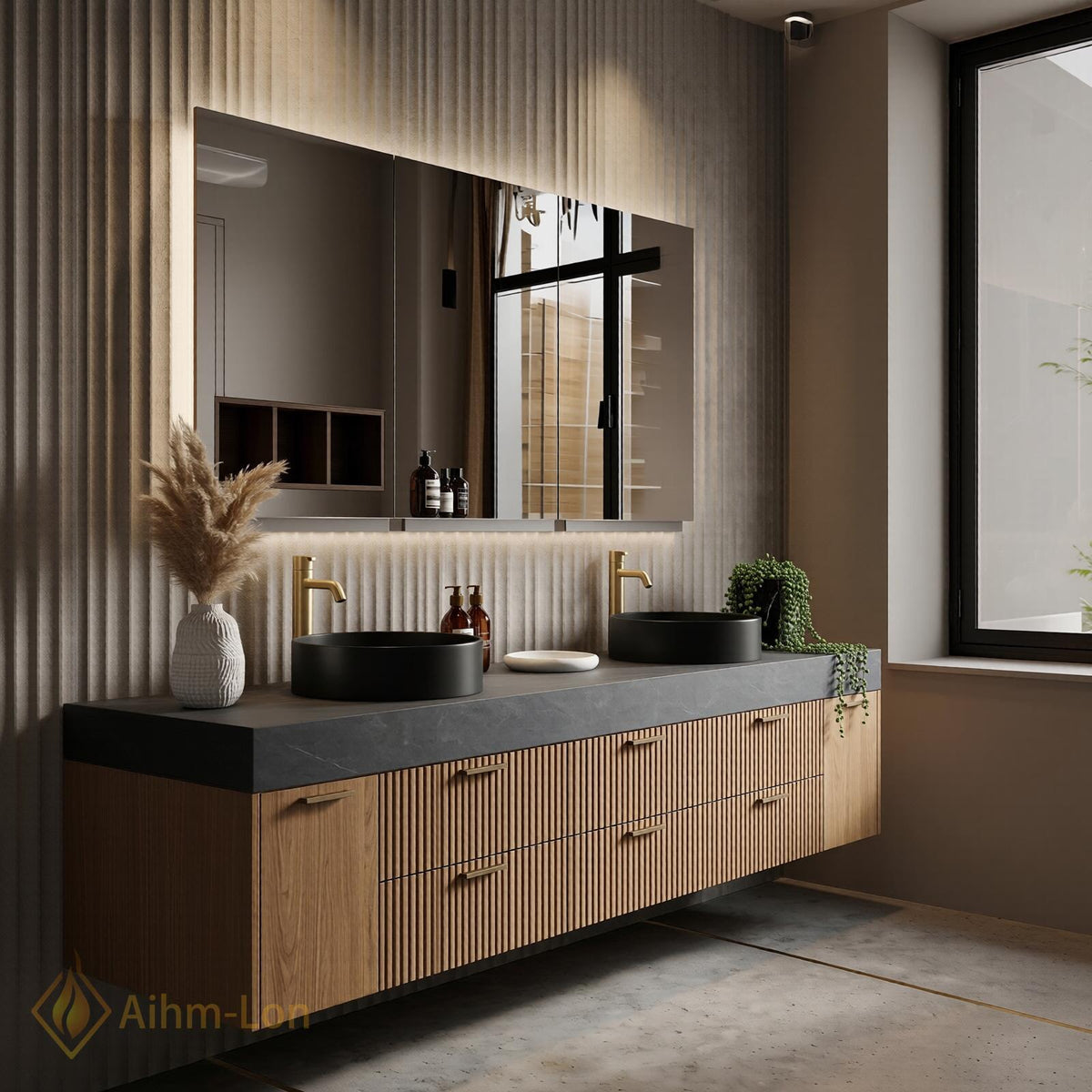 60''-96'' Double Bathroom Vanity with Sink Dark Stone Top Ribbed Panel Front