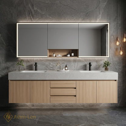 60''-96'' Bathroom Vanity with Sink Modern Floating Natural Oak Grain Countertop