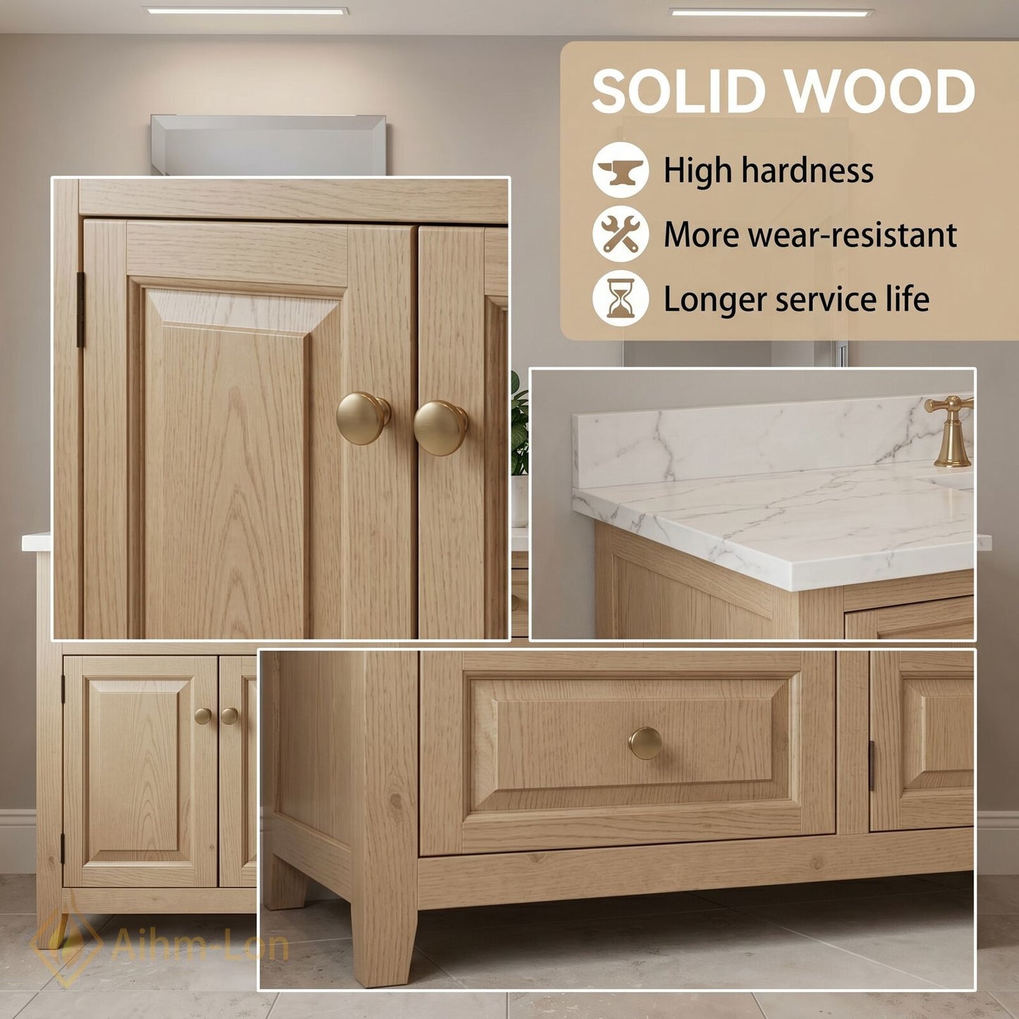 76''-96'' Modern Bathroom Vanity with Sink Light Oak White Marble Deep Drawers