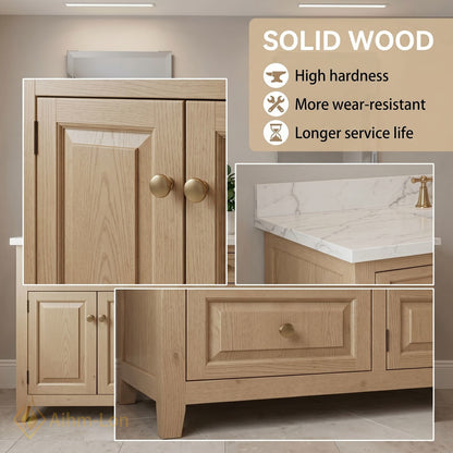 76''-96'' Modern Bathroom Vanity with Sink Light Oak White Marble Deep Drawers