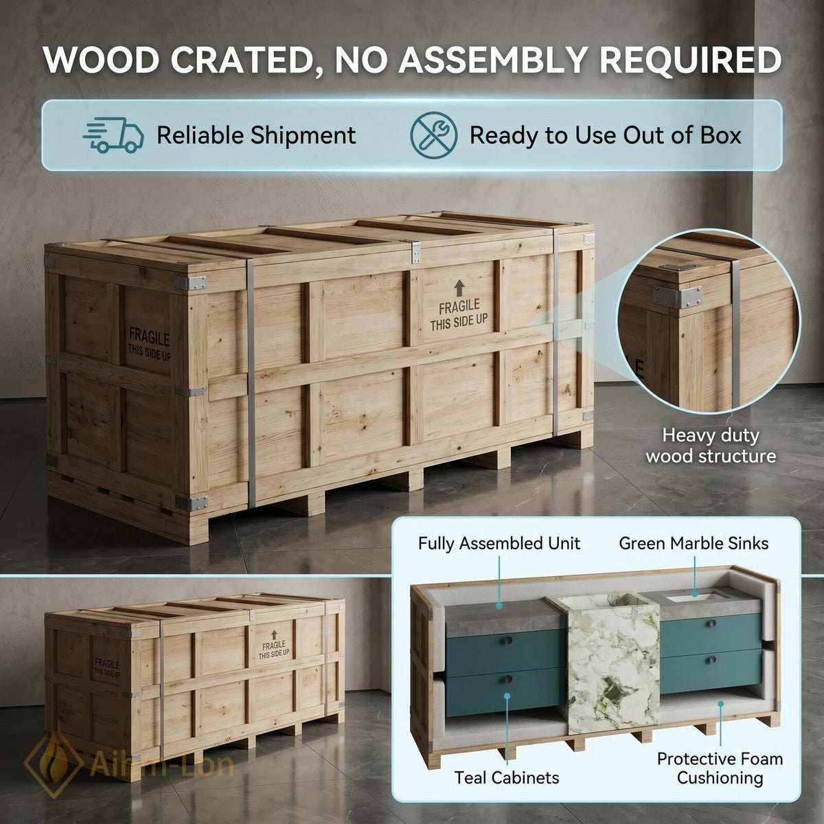 60''-96'' Double Bathroom Vanity with Sink Marble Slab Divider Floating Teal Drawers