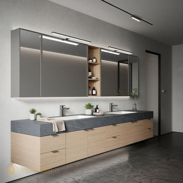 60''-96'' Double Bathroom Vanity with Sink Floating Oak Finish Slatted Open Shelving