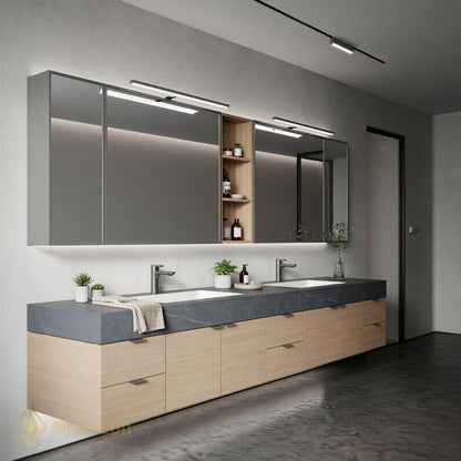60''-96'' Double Bathroom Vanity with Sink Floating Oak Finish Slatted Open Shelving