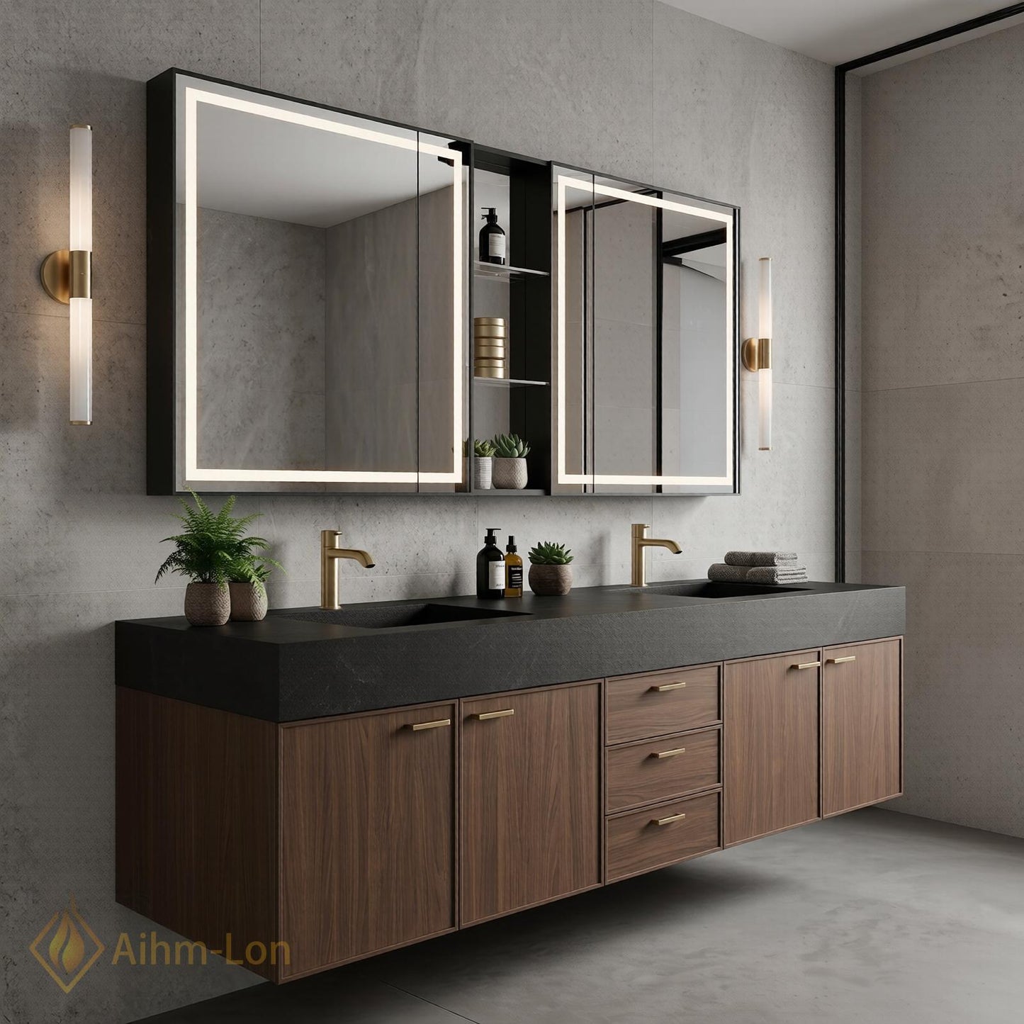 60''-96'' Contemporary Double Bathroom Vanity with Sink Dark Stone Rich Wood Grain