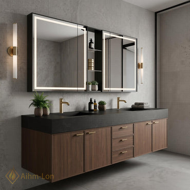 60''-96'' Contemporary Double Bathroom Vanity with Sink Dark Stone Rich Wood Grain