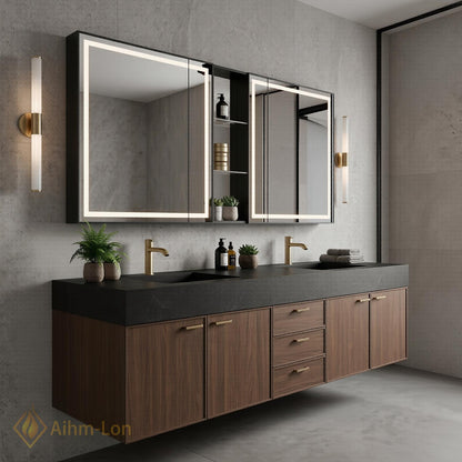 60''-96'' Contemporary Double Bathroom Vanity with Sink Dark Stone Rich Wood Grain