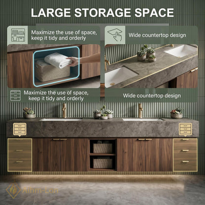60''-96'' Double Bathroom Vanity with Sink Modern Floating Warm Walnut Open Shelving