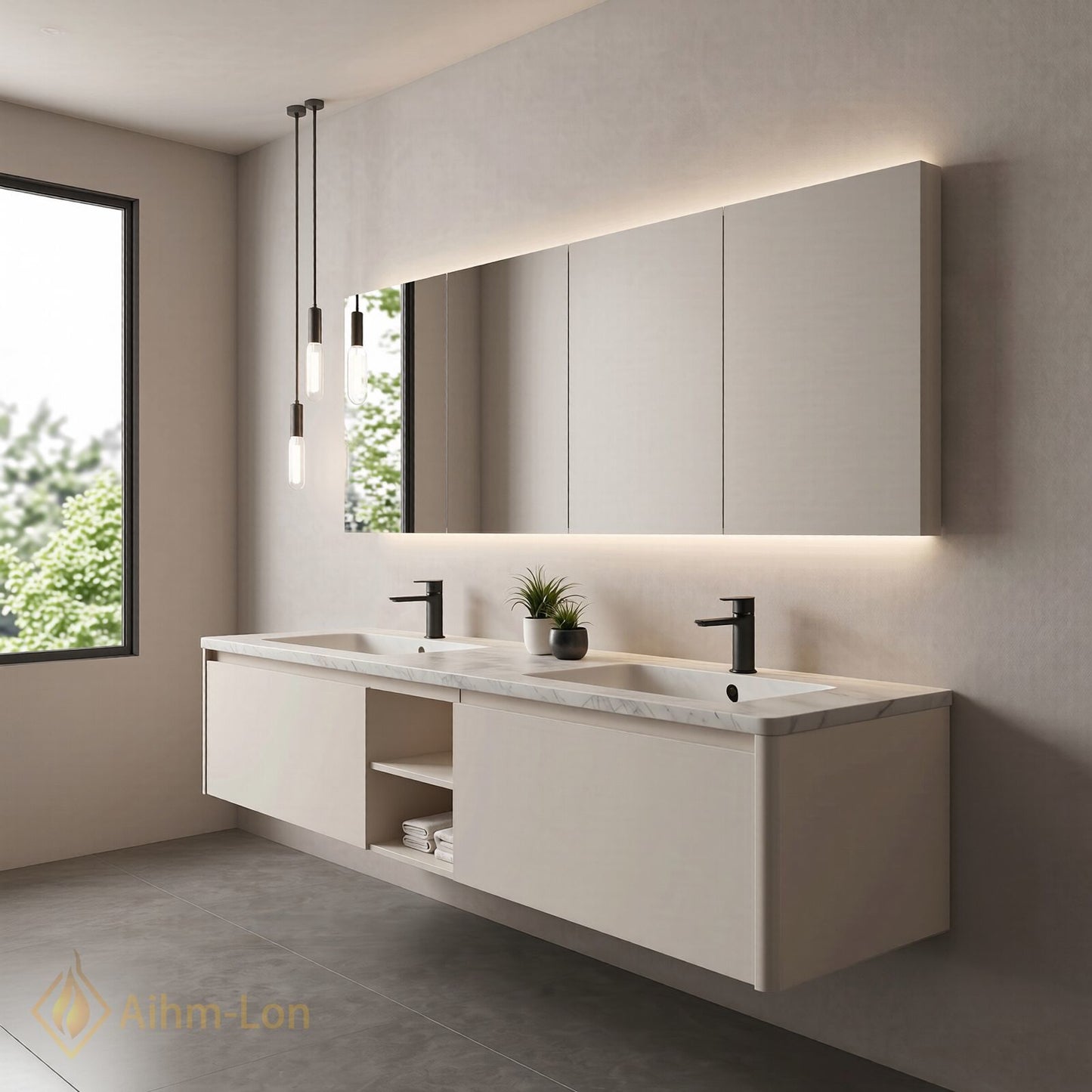60''-96'' Floating Bathroom Vanity with Sink Dual Basin Center Shelving Soft Matte Finish