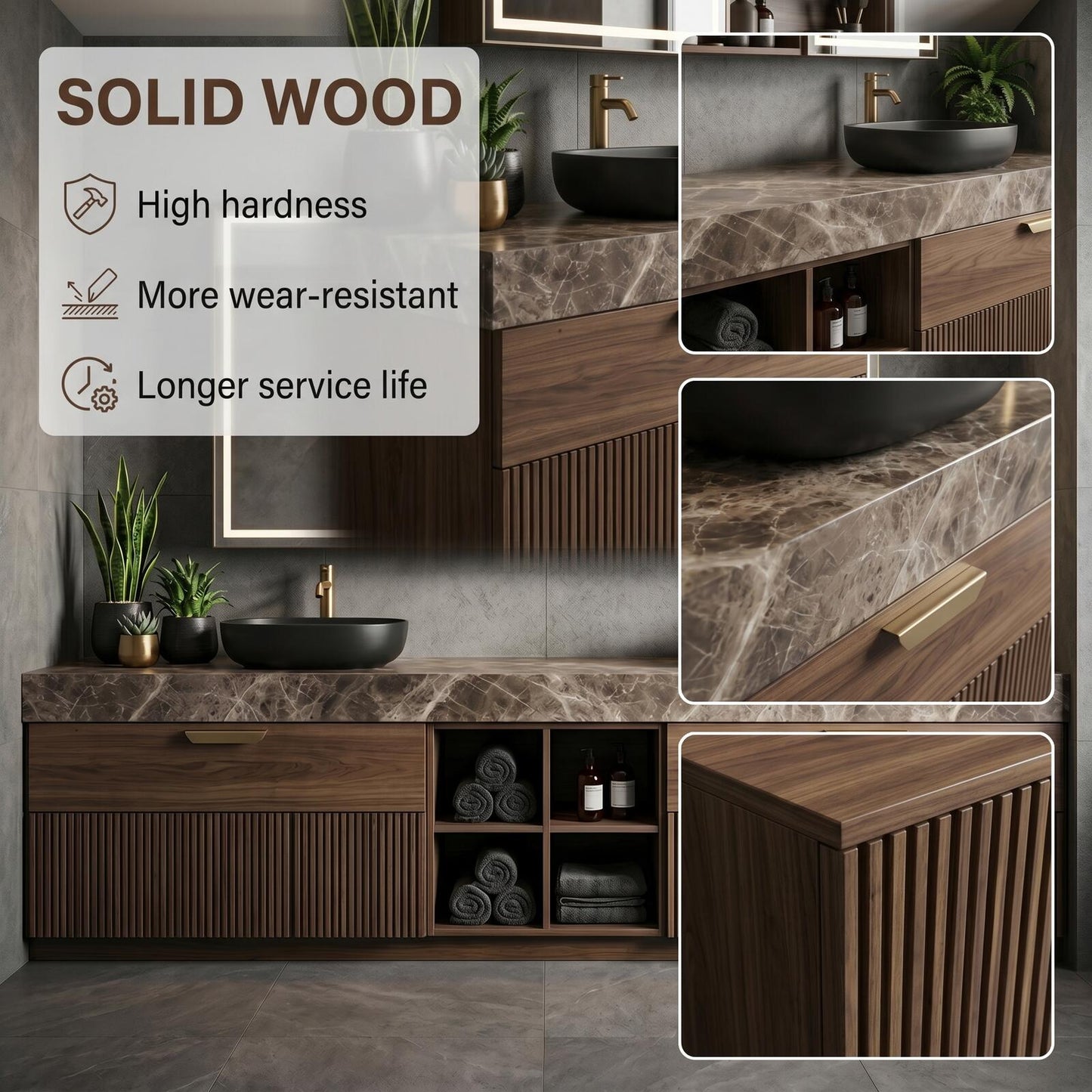 60''-96'' Modern Bathroom Vanity with Sink Double Sink Dark Walnut Slatted Marble Pattern Cabinet