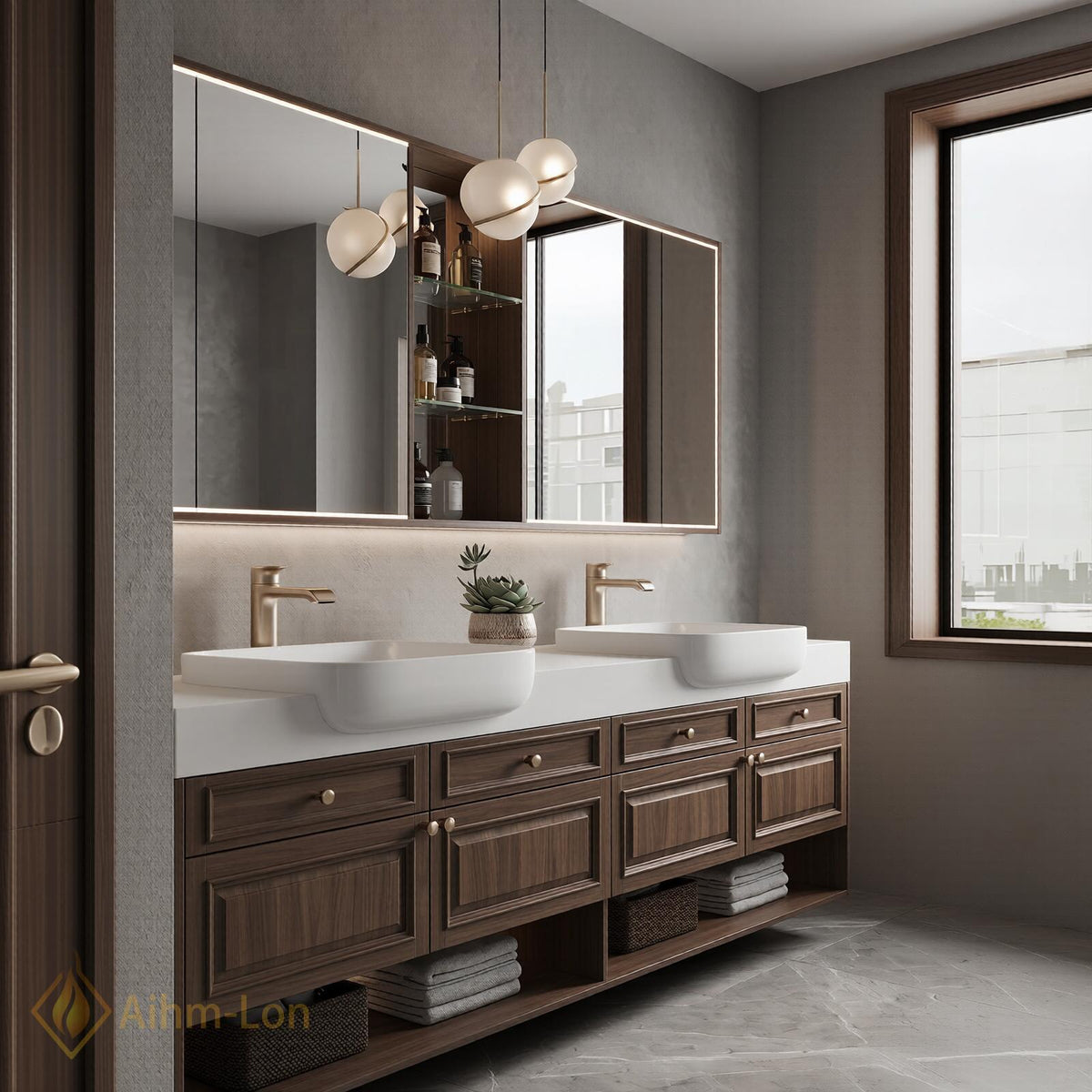 60''-96'' Double Bathroom Vanity with Sink Modern Dark Walnut Slatted Center Panel