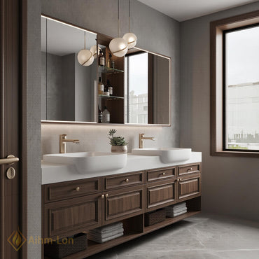 60''-96'' Double Bathroom Vanity with Sink Modern Dark Walnut Slatted Center Panel