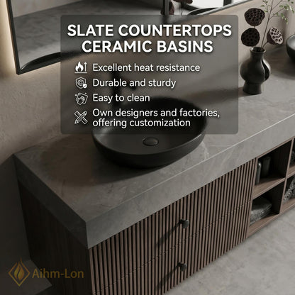 60''-96'' Double Bathroom Vanity with Sink Modern Dark Walnut Slatted Center Panel