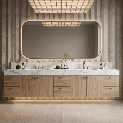 78''-96'' Double Bathroom Vanity with Sink White Marble Top Natural Wood Grain