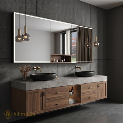 60''-96'' Double Bathroom Vanity with Sink Modern Floating Grey Marble Top Walnut