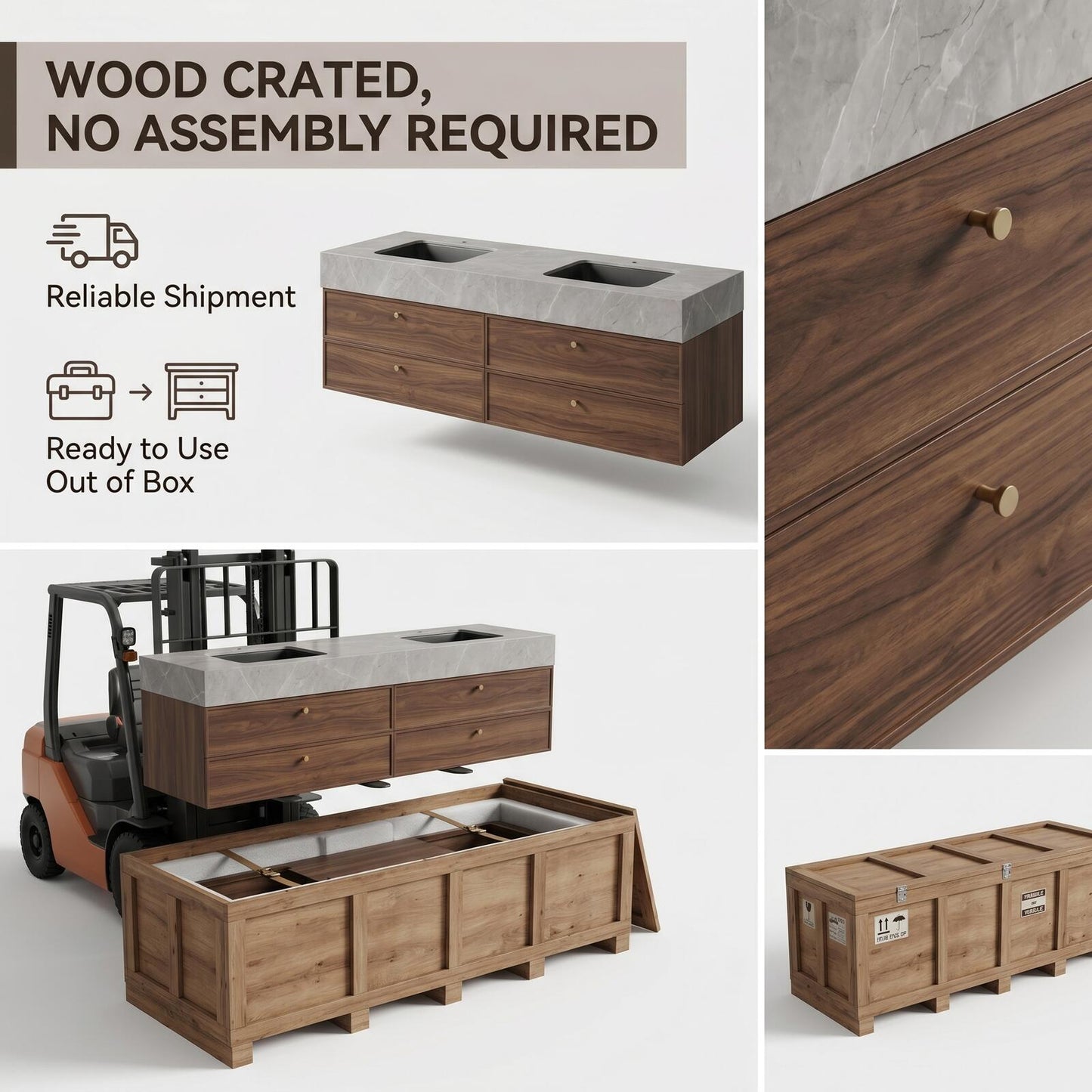 60''-96'' Modern Bathroom Vanity with Sink Dual Basins Wide Stone Dark Wood Drawers Cabinet