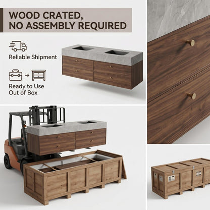 60''-96'' Modern Bathroom Vanity with Sink Dual Basins Wide Stone Dark Wood Drawers Cabinet