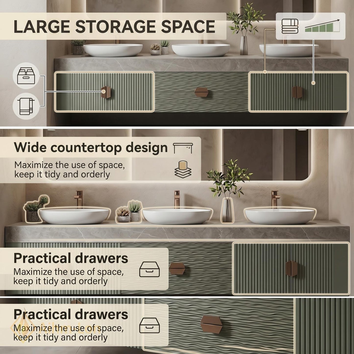 78''-96'' Triple Bathroom Vanity with Sink Sage-Green Floating Fluted Recessed Basin Panels