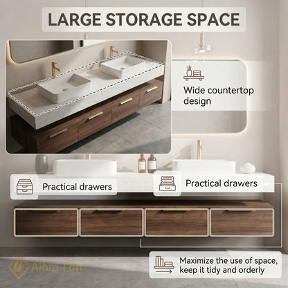 60''-96'' Double Bathroom Vanity with Sink Floating Textured Marble Top Design Smart