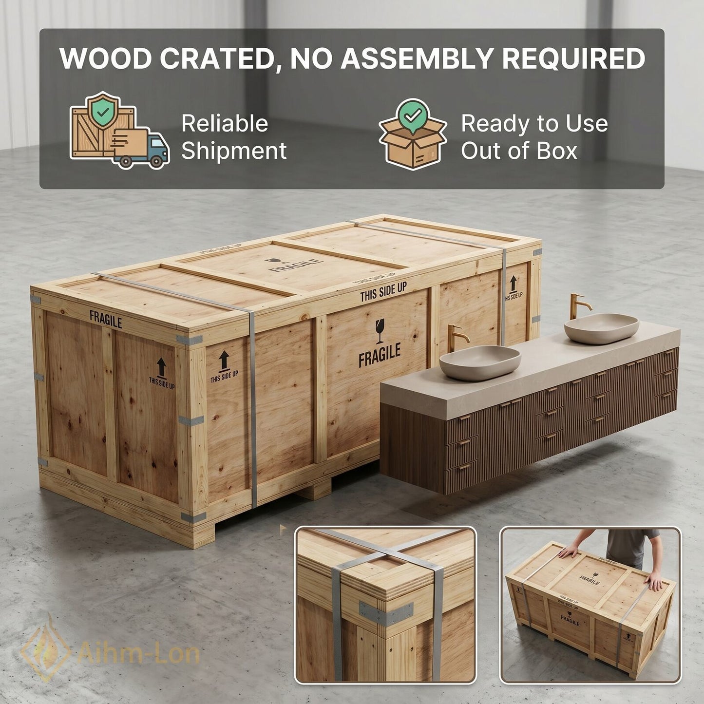 88''-96'' Double Bathroom Vanity with Sink Floating Modern Solid-Wood Stone-Top Storage Drawers
