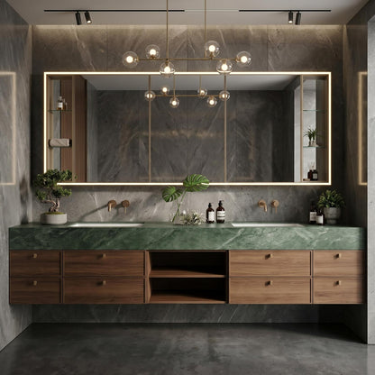 60''-96'' Double Bathroom Vanity with Sink Modern Floating Green Marble Wide Drawers