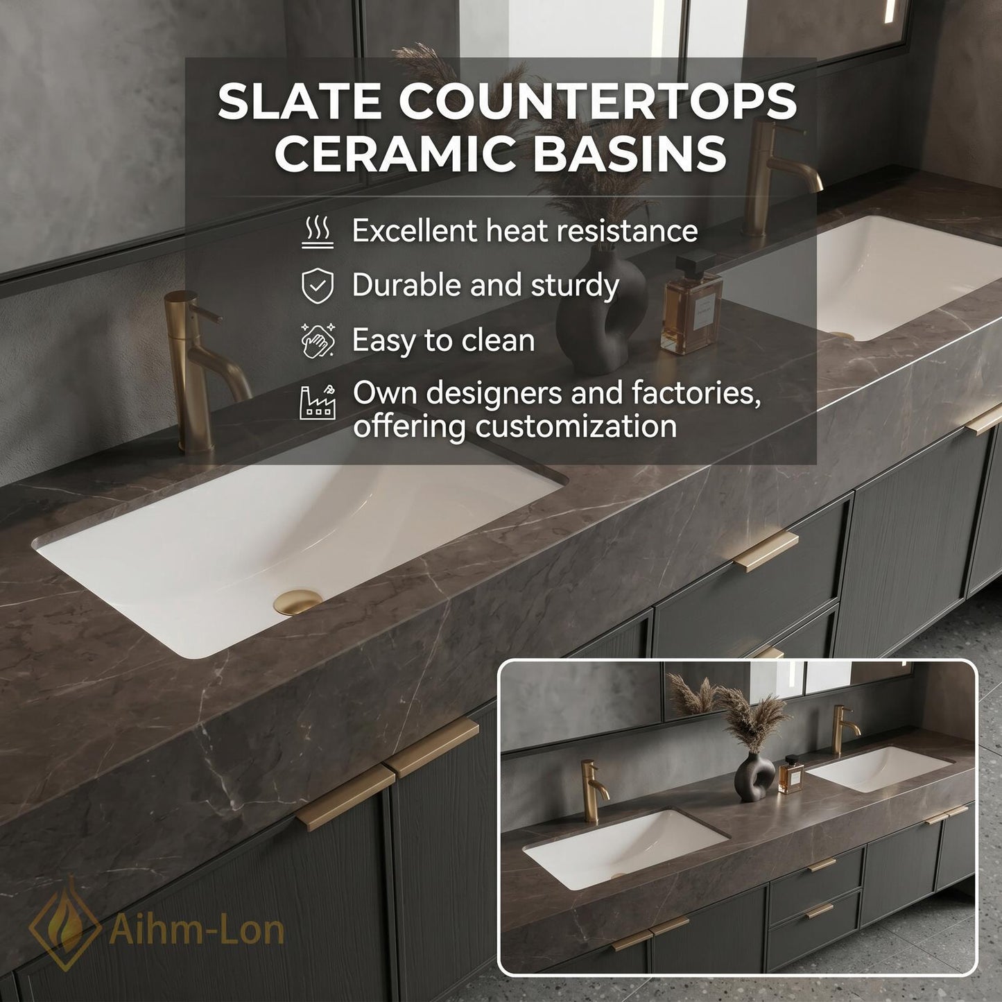 60''-96'' Double Bathroom Vanity with Sink Sleek Dark Slate Textured Stone Top