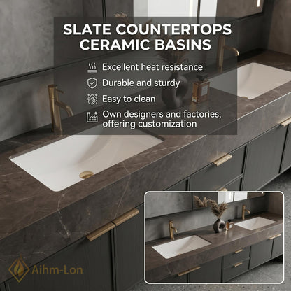 60''-96'' Double Bathroom Vanity with Sink Sleek Dark Slate Textured Stone Top