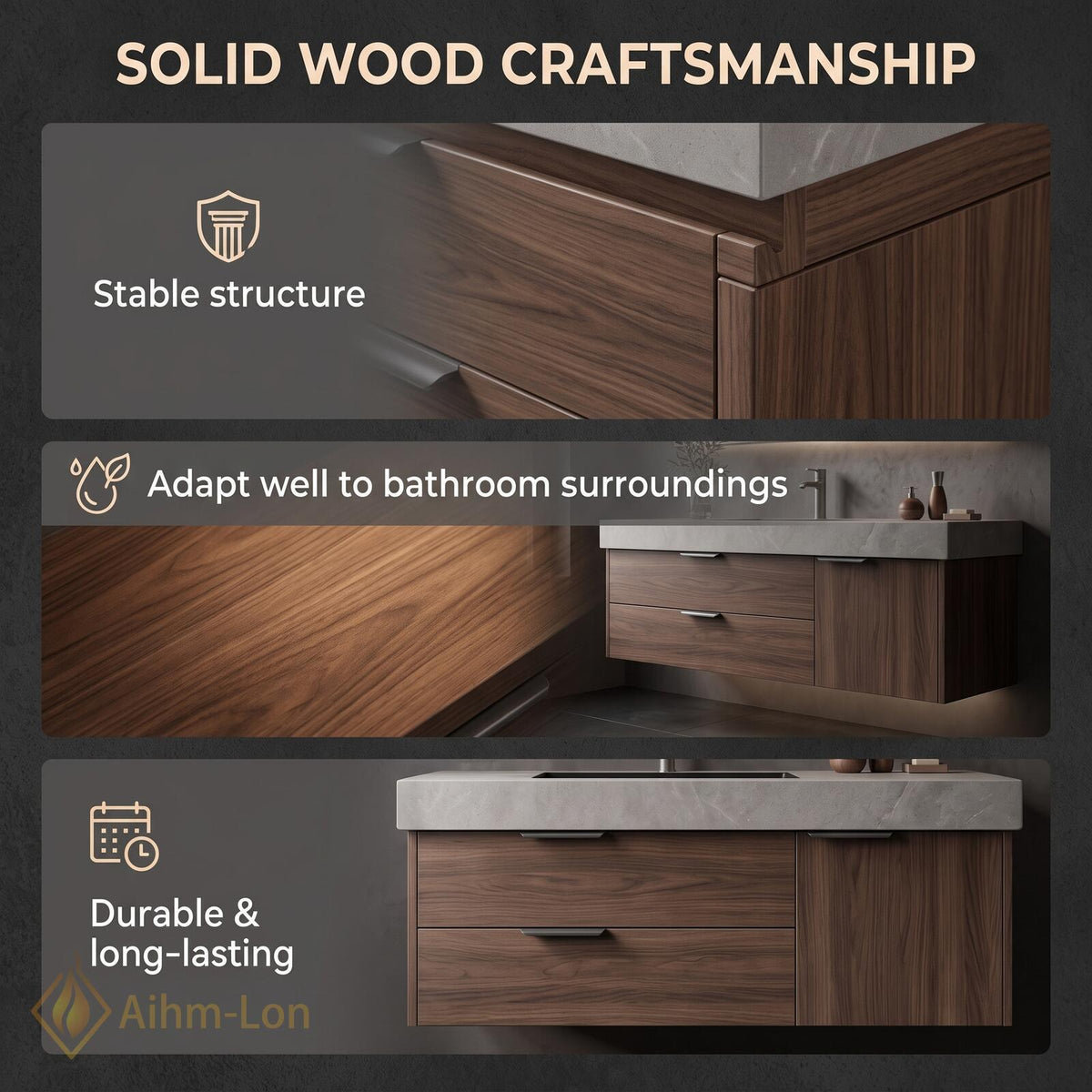 36''-110'' Modern Floating Bathroom Vanity with Sink Sintered Stone Top Hidden Drawers