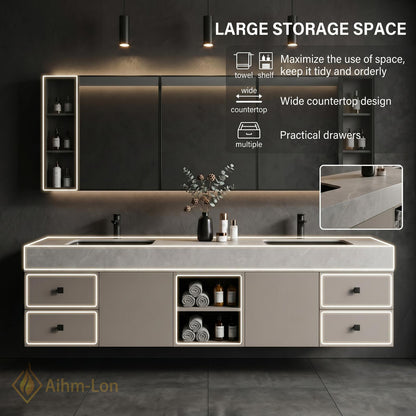 60''-96'' Double Bathroom Vanity with Sink Textured Stone Top Matte Grey Doors