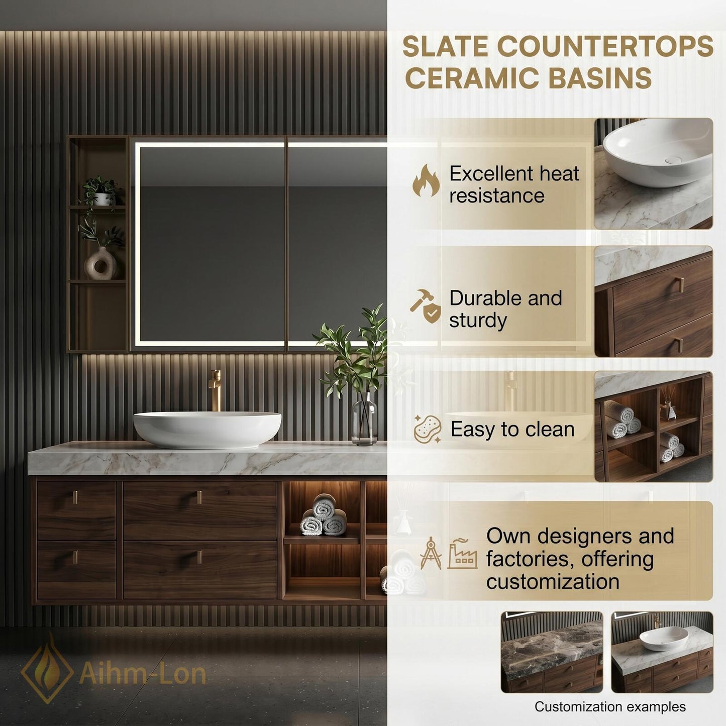70''-96'' Bathroom Vanity with Sink Modern Floating Marble Top Warm Walnut Finish