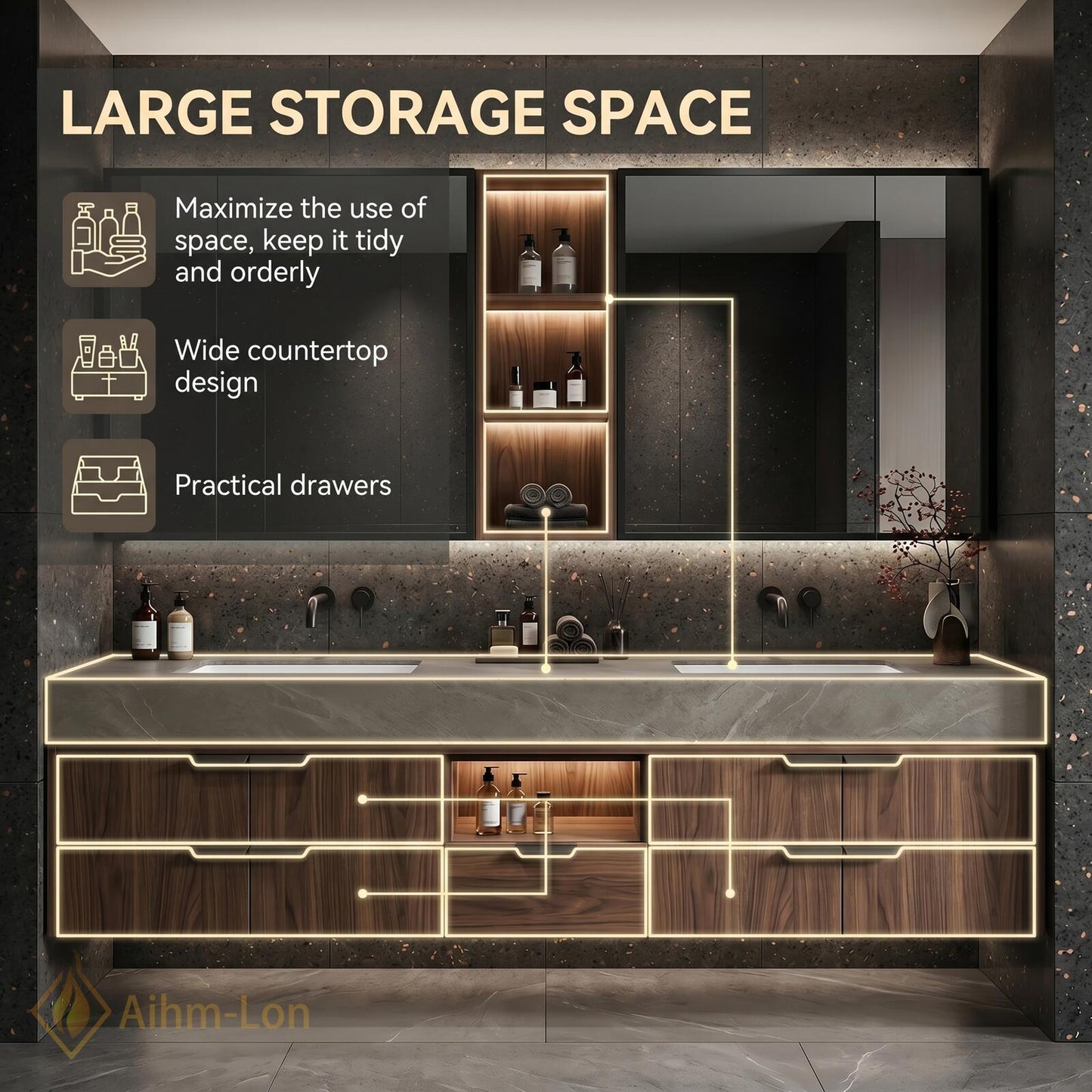 60''-96'' Sleek Bathroom Vanity with Sink Wall-Mounted Dark Wood Grain Open Mirror