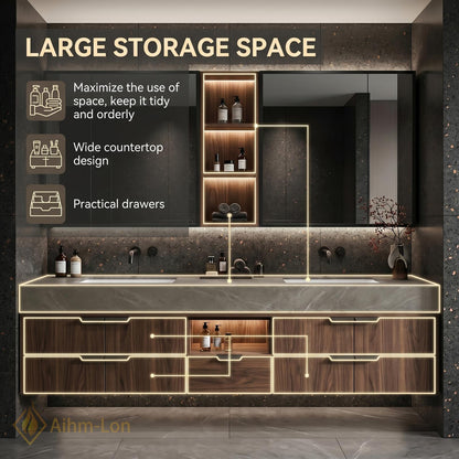 60''-96'' Sleek Bathroom Vanity with Sink Wall-Mounted Dark Wood Grain Open Mirror