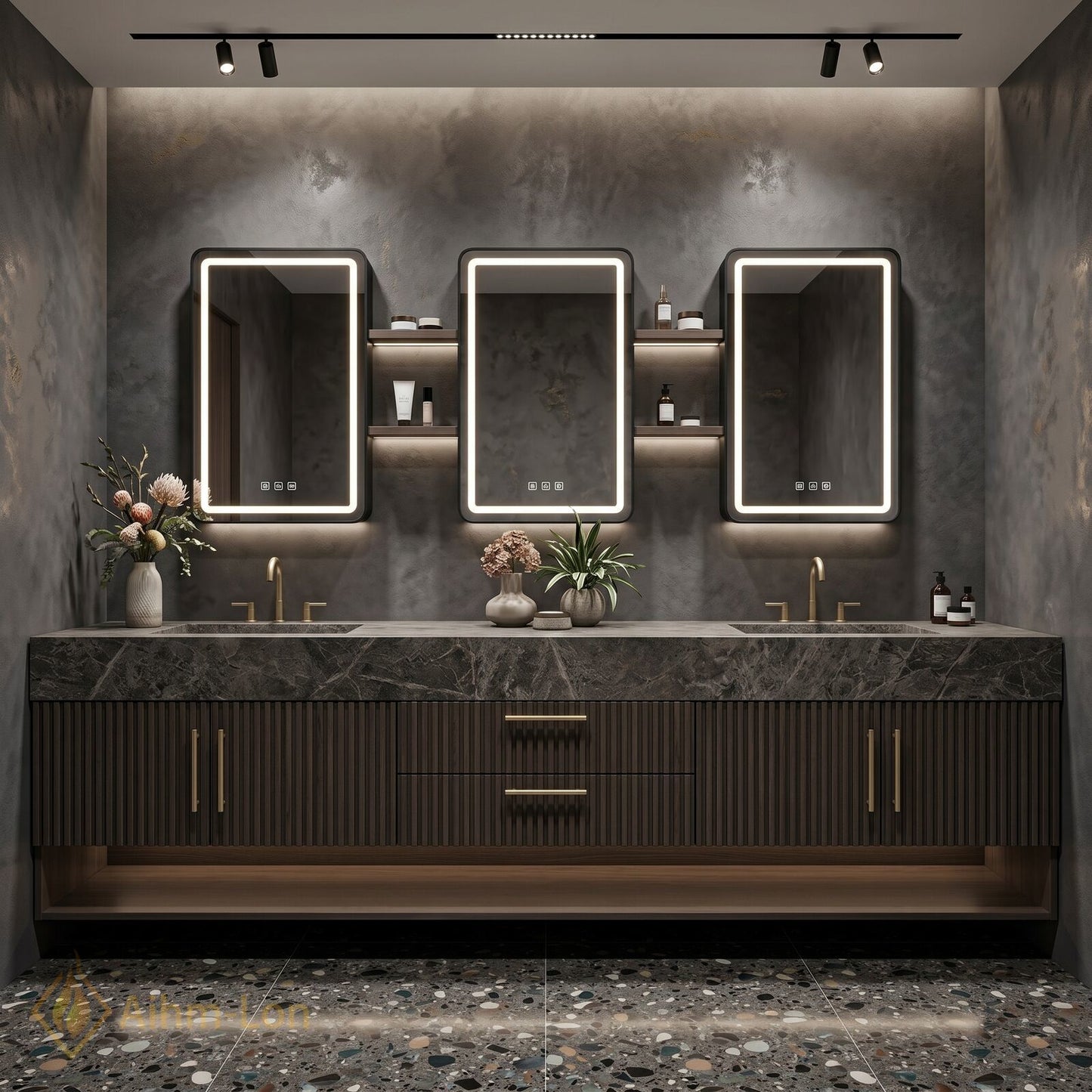 78''-96'' Double Bathroom Vanity with Sink Vertical Slat Wood Panels Dark Marble