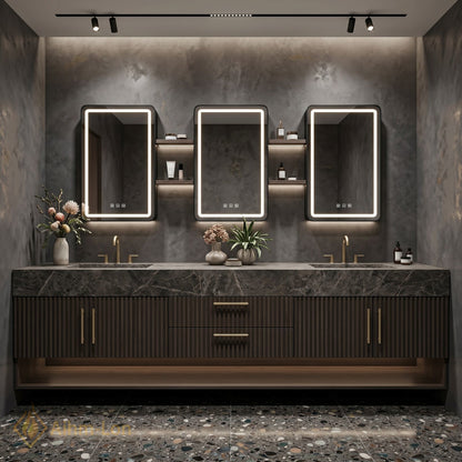 78''-96'' Double Bathroom Vanity with Sink Vertical Slat Wood Panels Dark Marble