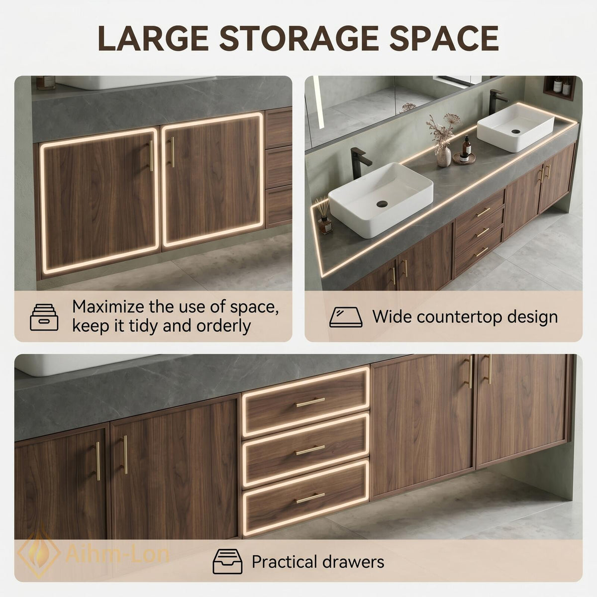 60''-96'' Double Bathroom Vanity with Sink Modern Floating Dark Walnut Slatted Panel