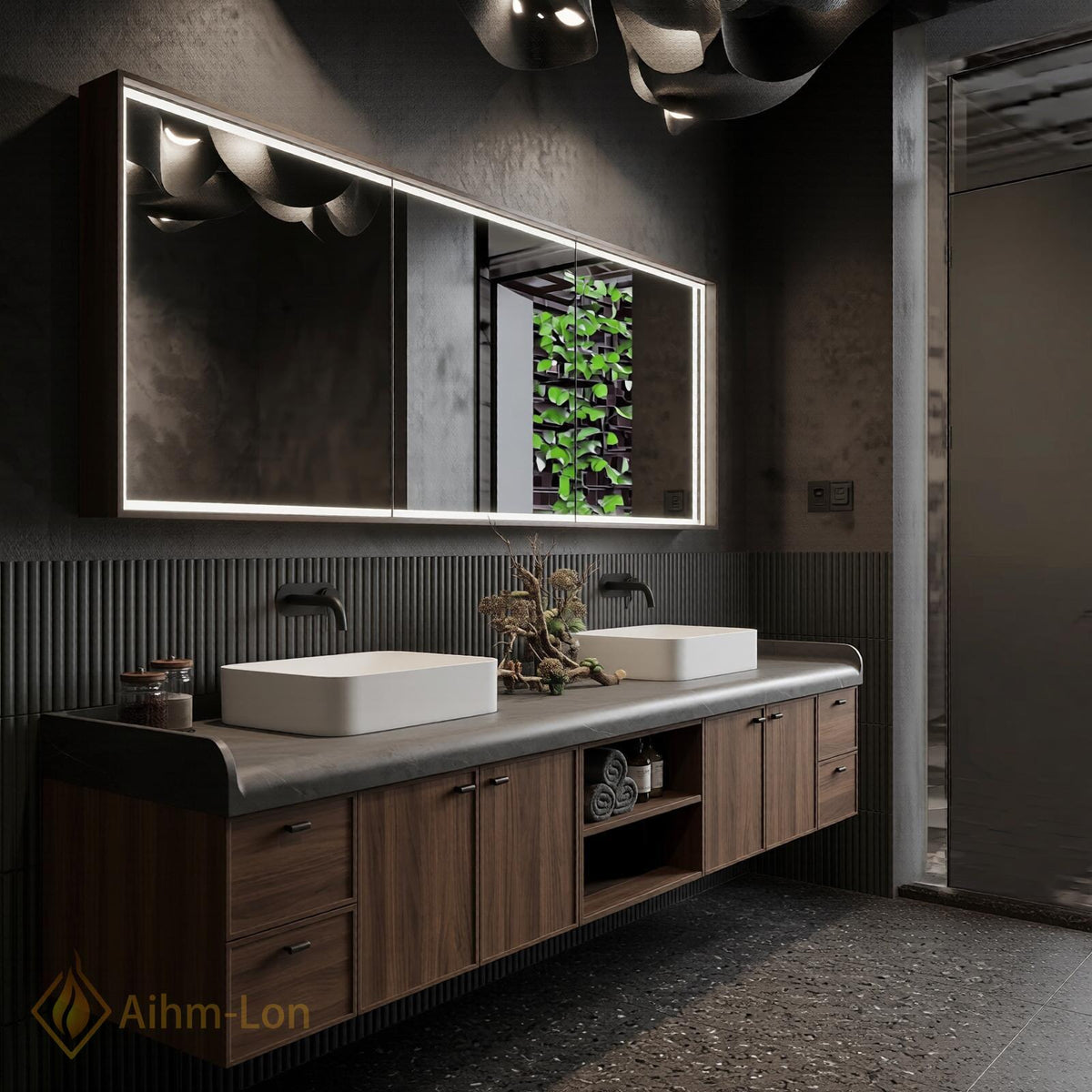 60''-96'' Double Bathroom Vanity with Sink Modern Floating Dark Wood Grain Open Shelving