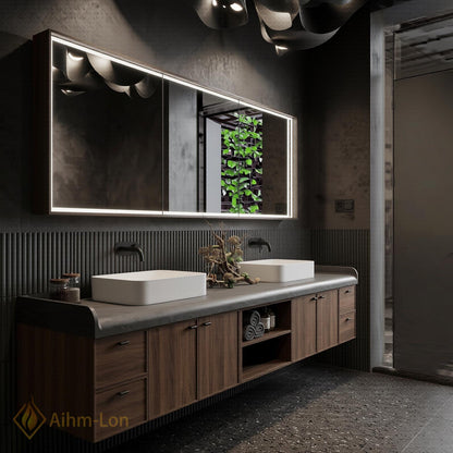 60''-96'' Double Bathroom Vanity with Sink Modern Floating Dark Wood Grain Open Shelving