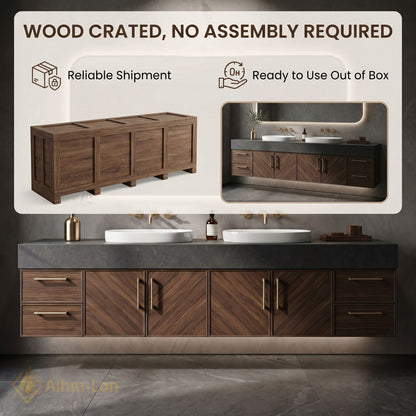 60''-96'' Double Bathroom Vanity with Sink Dark Grey Countertop Chevron Wood Doors