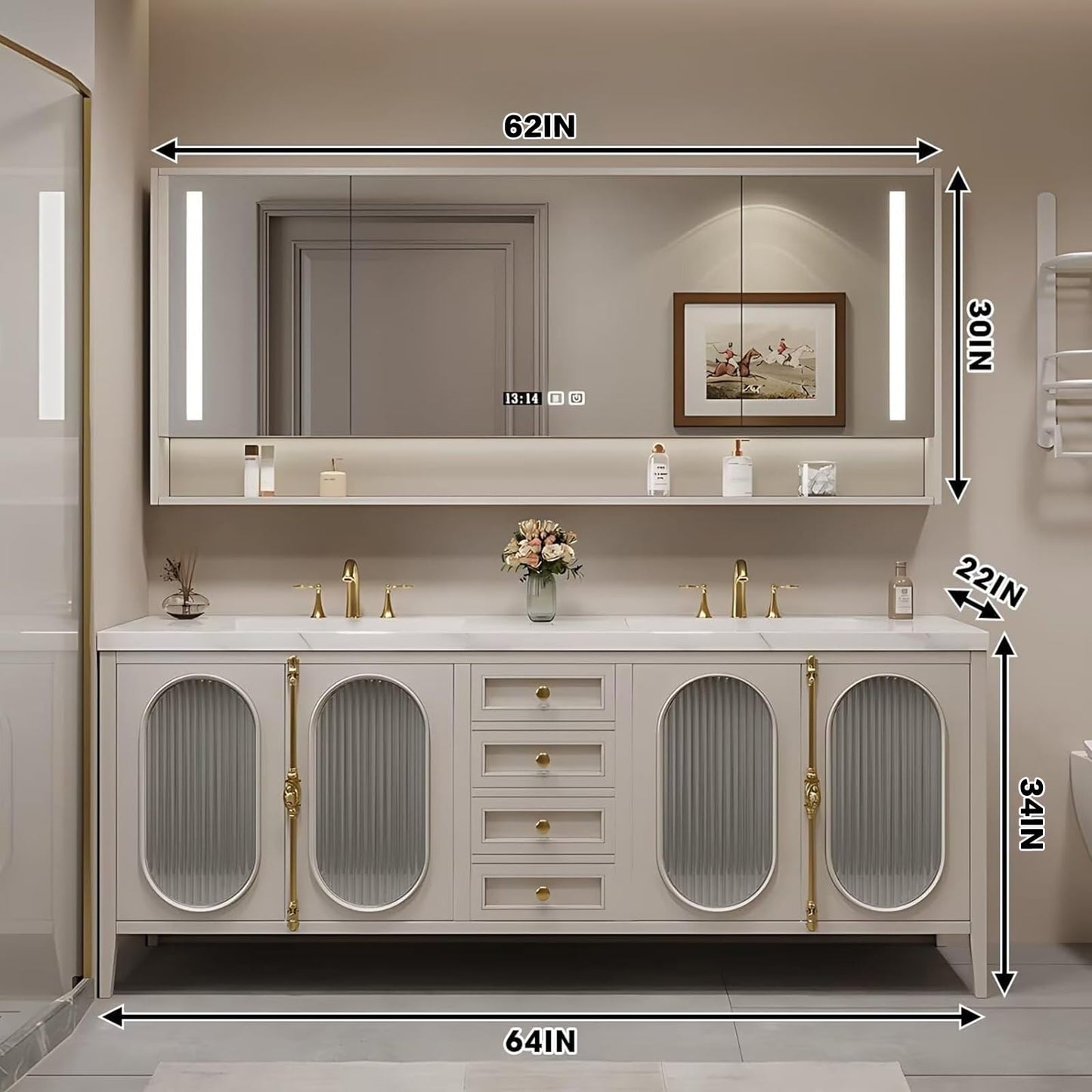 58"-96"Modern Bathroom Vanity Includes Fine Copper Metal Texture Handle & Striped Glass Door Storage