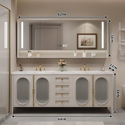 58"-96"Modern Bathroom Vanity Includes Fine Copper Metal Texture Handle & Striped Glass Door Storage