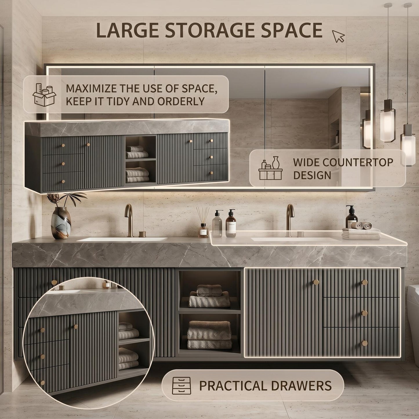 60''-96'' Modern Bathroom Vanity with Sink Double Sink Slatted Front Stone-Look Center Cabinet
