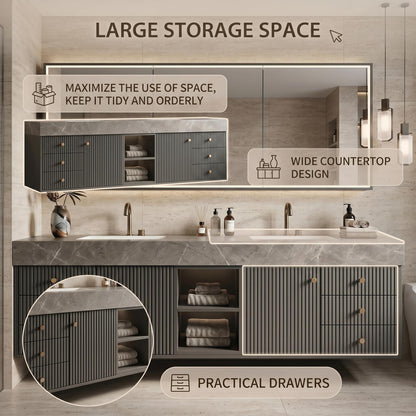 60''-96'' Modern Bathroom Vanity with Sink Double Sink Slatted Front Stone-Look Center Cabinet